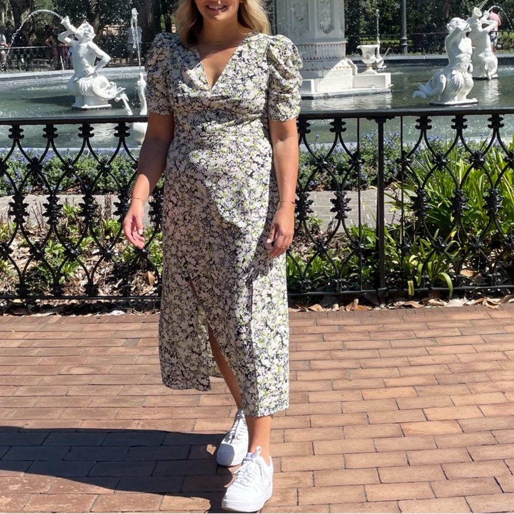 Topshop Floral Midi Dress - White and Green